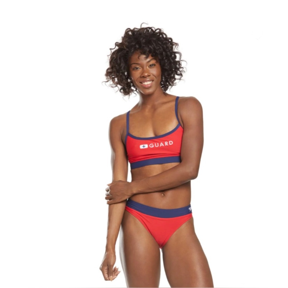 Small Speedo Lifeguard Thin Strap Top and Hipster Bikini Bottom Swimsuit